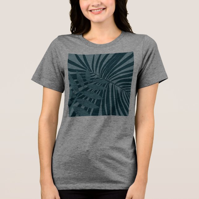 Camiseta abstrato de palma e folha tropical em cinza azul (Frente)