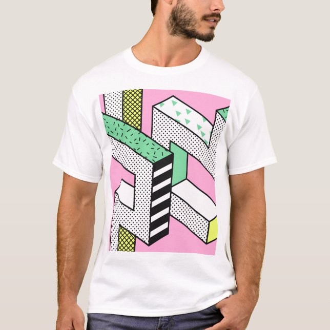 Camiseta Abstrato Memphis: formas geométricas de 80s. (Frente)
