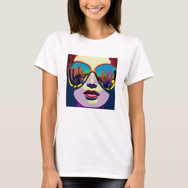 Camiseta Abstrato nos óculos de sol com reflexo de cidade (Frente)
