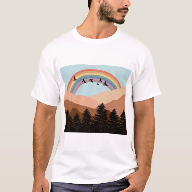 Camiseta Abstrato Paisagem Árvores Florestais Arco-Íris e P (Frente)