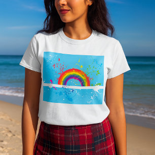 Camiseta Abstrato Rainbow Floral Swirls and Paint Splatter