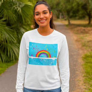 Camiseta Abstrato Rainbow Floral Swirls and Paint Splatter