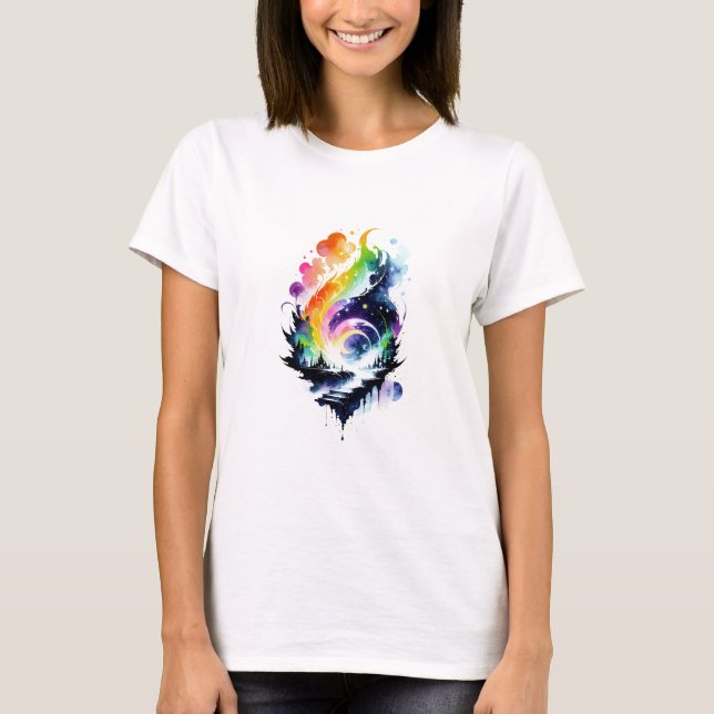 Camiseta Abstrato Rainbow Watercolor Fantasy Landscape (Frente)