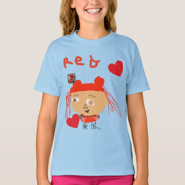 Camiseta Abstrato Red Girl with Hearts on Blue Kids (Frente)