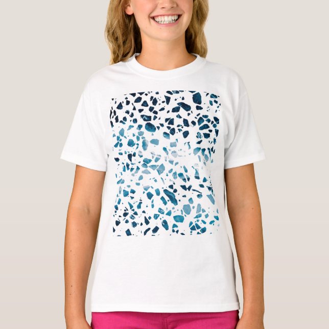 Camiseta Abstrato Terrazzo Mosaico Marinho e padrão azul cl (Frente)