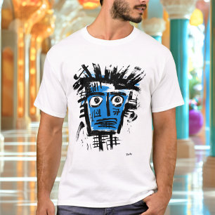 Camiseta Abstrato Tribal Face - Preto Negrito e Azul Urbano