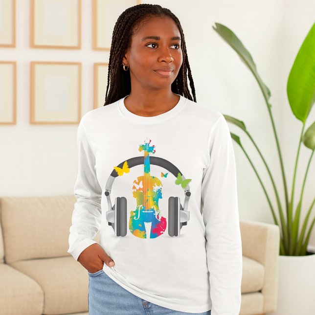 Camiseta Abstrato Violin com Fones de ouvido e Arte Musical (Criador carregado)
