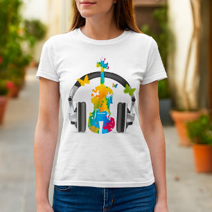 Camiseta Abstrato Violin com Fones de ouvido e Arte Musical