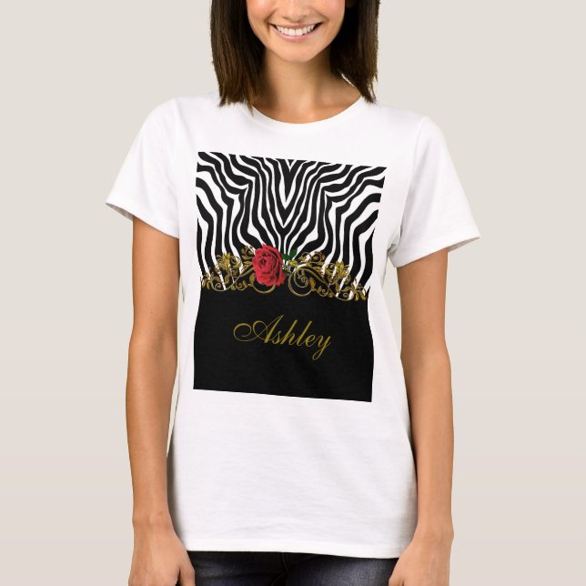 Camiseta Abstrato Zebra Flor Vermelho Negro Branco Dourado (Frente)