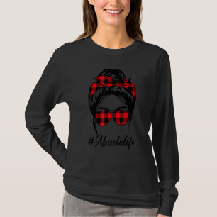 Camiseta Abuela Life Messy Bun Hair Leopardo Xadrez Vermelh