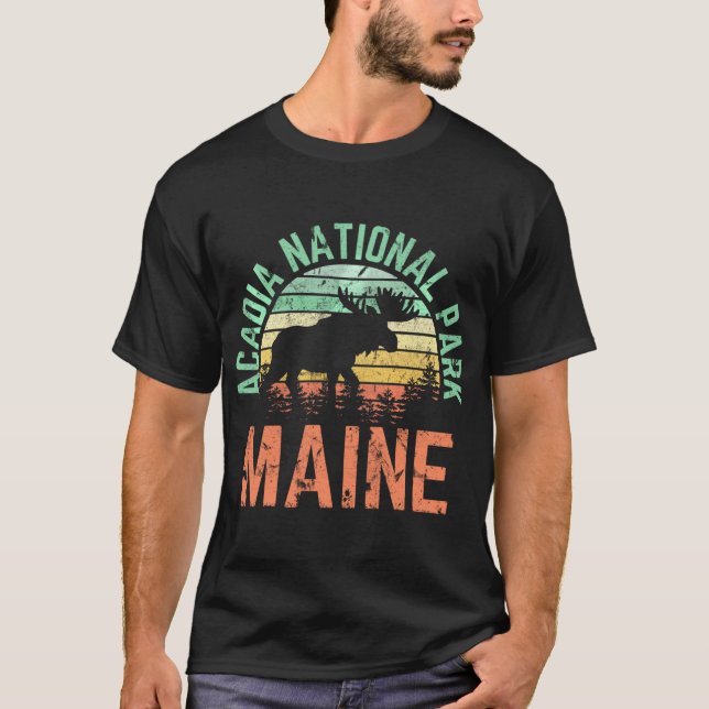 Camiseta Acadia National Park Maine Moose Hiking Retro Suns (Frente)