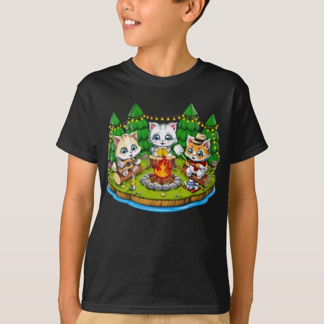 Camiseta Acampamento de Gatos Kawaii (Frente)