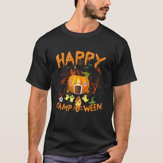 Camiseta Acampamento Feliz O Ween Camping Dia das Bruxas (Frente)