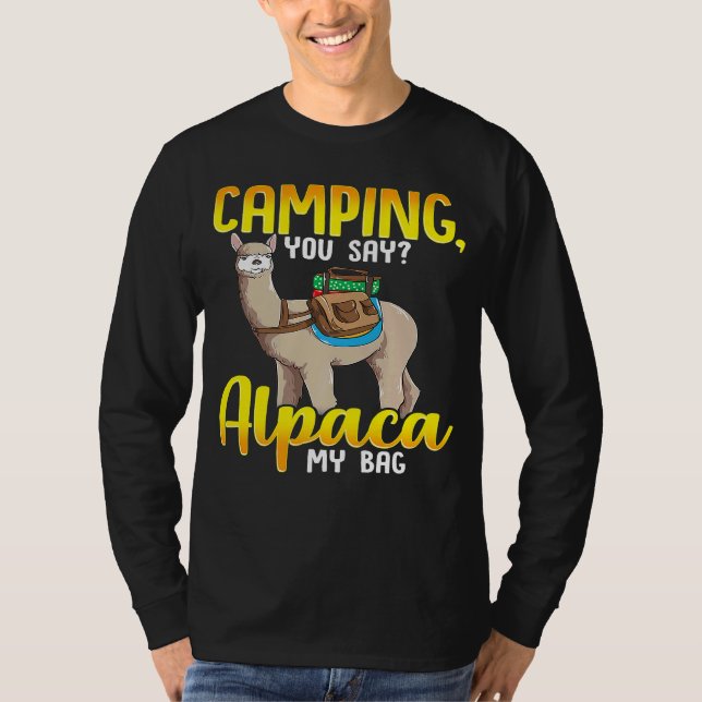 Camiseta Acampando Você Diz Alpaca Minhas Bolsas (Frente)
