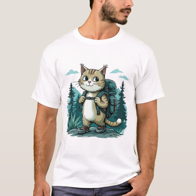 Camiseta acampar Cat. Gato bonito vestindo uma mochila engr (Frente)