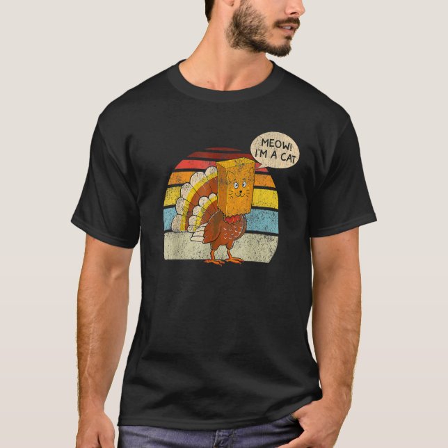 Camiseta Ação de Graças à Turquia Falso Cat Retro Meow Sou  (Frente)