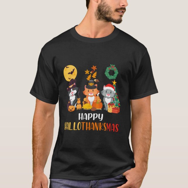Camiseta Ação de Graças do Cat Halloween Happy Hallothanksm (Frente)