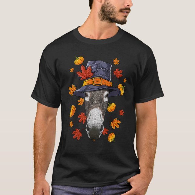 Camiseta Ação de Graças Donkey Pilgrim Fall Autumn (Frente)
