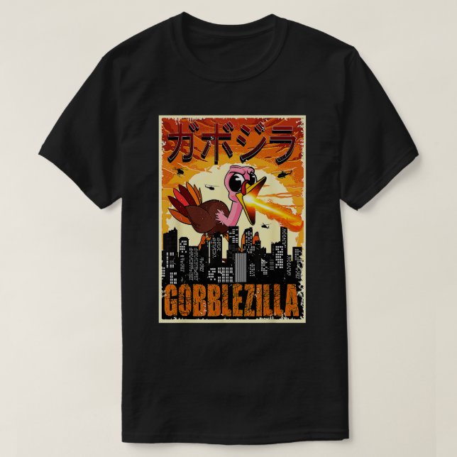 Camiseta Ação de Graças Gobblezilla Turkey (Frente do Design)