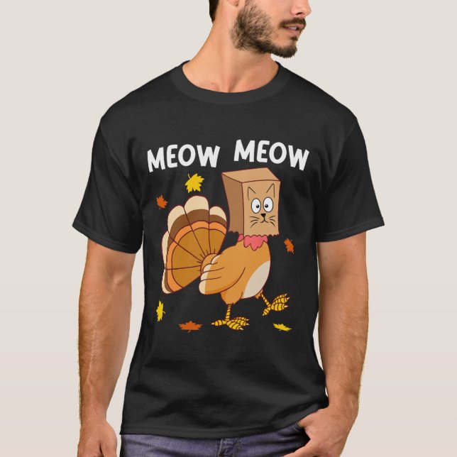 Camiseta Ação de Graças Turquia Cat Meow Homens Engraçados  (Frente)