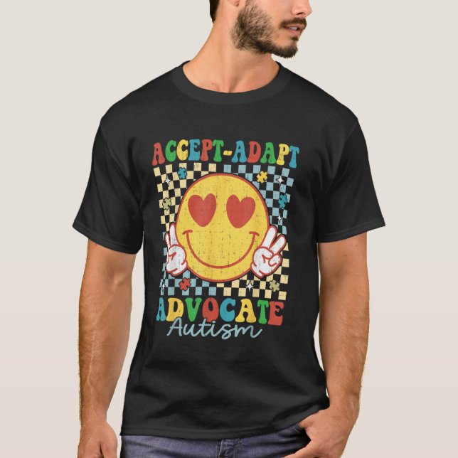 Camiseta Aceitar Adaptar Defender Retro Groovy Sorriso Auti (Frente)