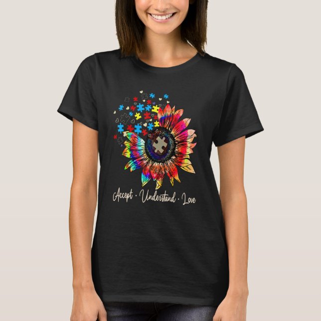 Camiseta Aceitar Compreender Amor Quebra-cabeça de Girassol (Frente)