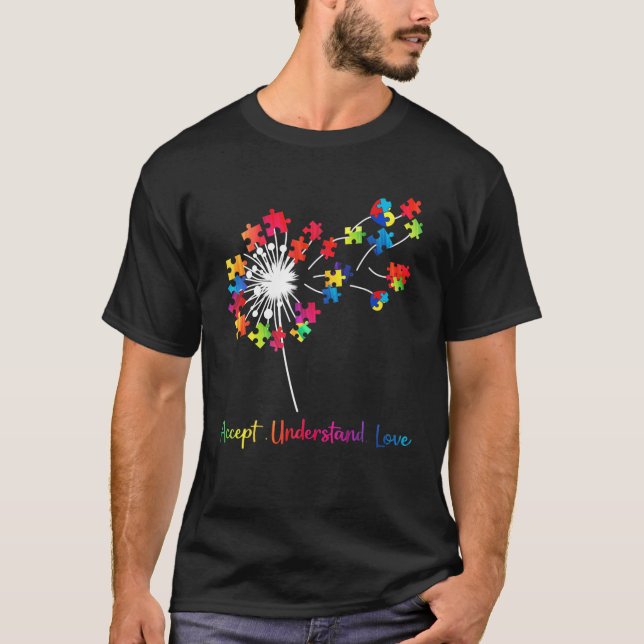 Camiseta Aceitar Compreender Quebra-cabeça Dandelion Autism (Frente)