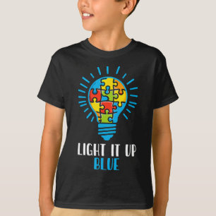 Camiseta Acenda-O Azul Autismo Quebra-cabeça Luz Bul