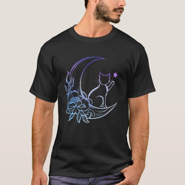 Camiseta Acentos Florais de Lua Crescente de Gato Místico (Frente)