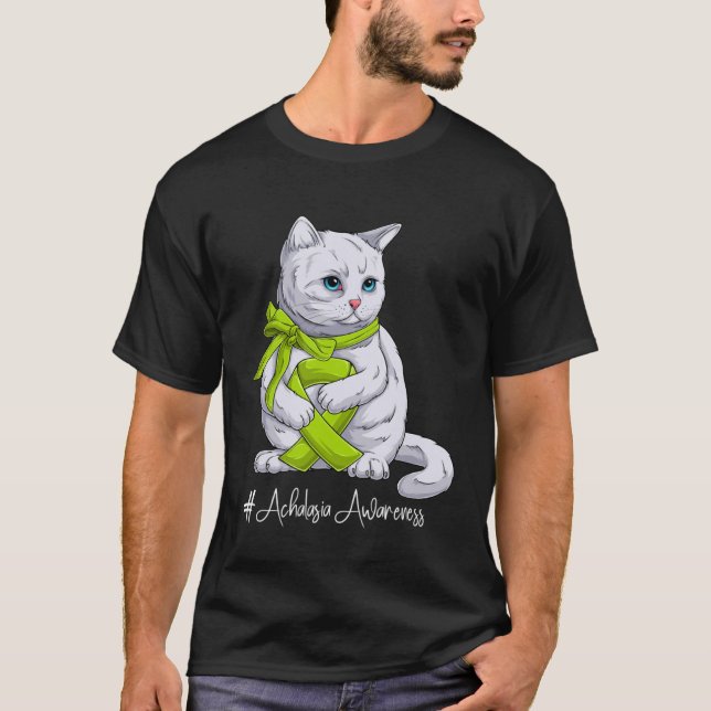 Camiseta Achalasia Consciência Mês Verde limão Fita Gato (Frente)