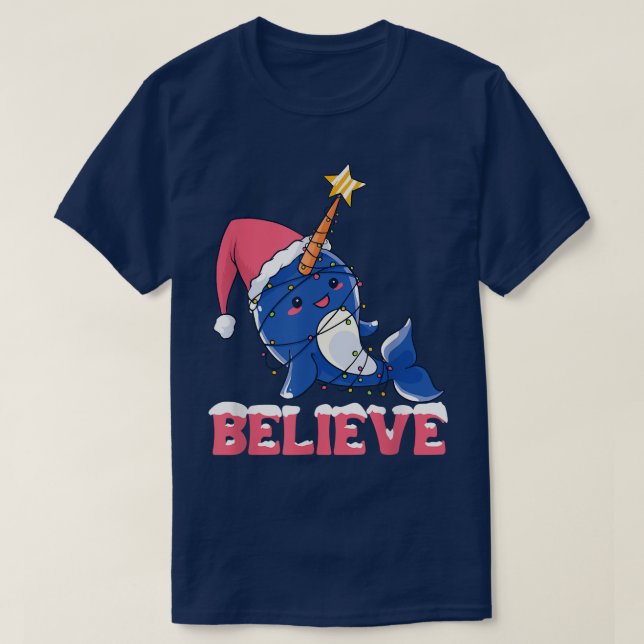 Camiseta Acredite em Neve de Natal Negra com Luzes de Fada (Frente do Design)