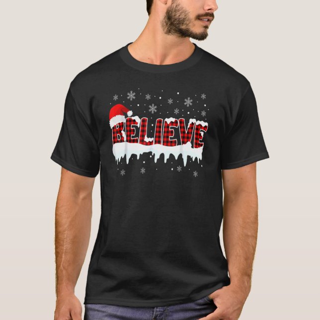 Camiseta Acredite em Plaid Buffalo Papai Noel Floco de Neve (Frente)