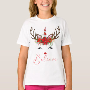 Camiseta Acredite em Red & White Poinsettia Reindeer Unicor