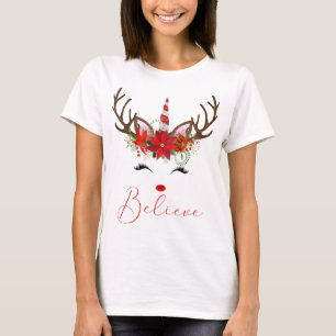 Camiseta Acredite em Red & White Poinsettia Reindeer Unicor