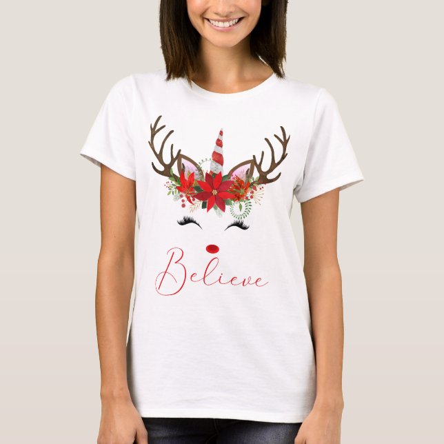 Camiseta Acredite em Red & White Poinsettia Reindeer Unicor (Frente)