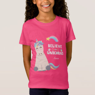 Camiseta Acredite em Unicórnios, Criança de Padrão Azul 