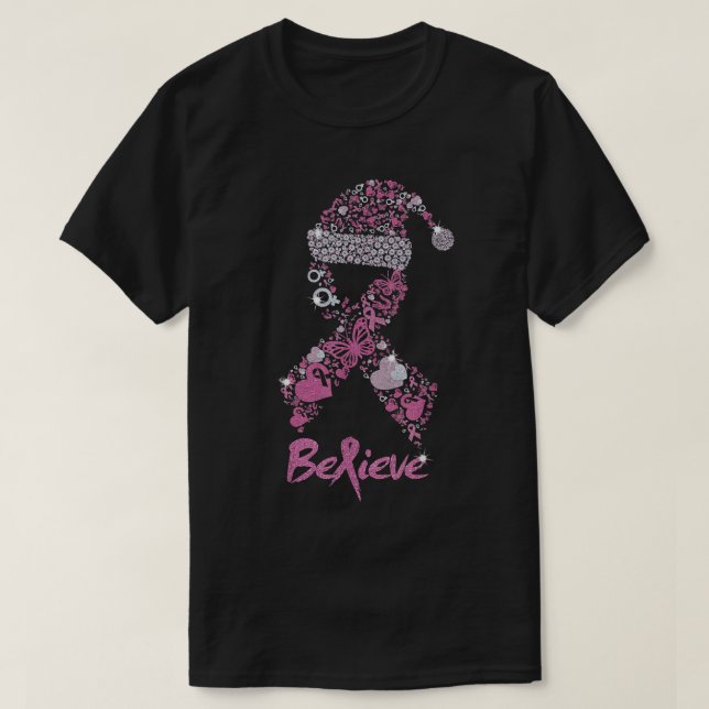 Camiseta Acredite na Fita de câncer de mama Natal Santa Hat (Frente do Design)