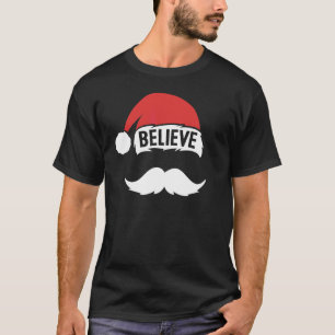 Camiseta Acredite no Papai Noel Chapéu Branco Bigode Famíli