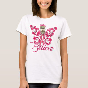 Camiseta Acreditem no Cancer do Anjo da Fita Rosa e Flores
