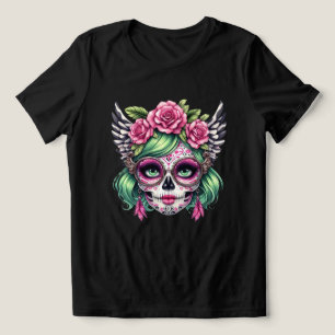Camiseta Açúcar Nerd Crânio Óculos Grandes Coroa Floral