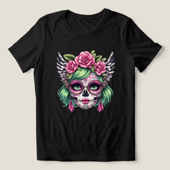 Camiseta Açúcar Nerd Crânio Óculos Grandes Coroa Floral (Design frontal)