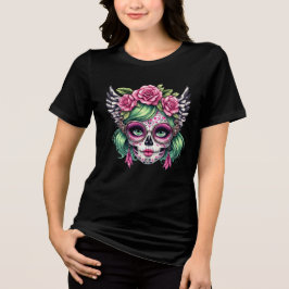 Camiseta Açúcar Nerd Crânio Óculos Grandes Coroa Floral