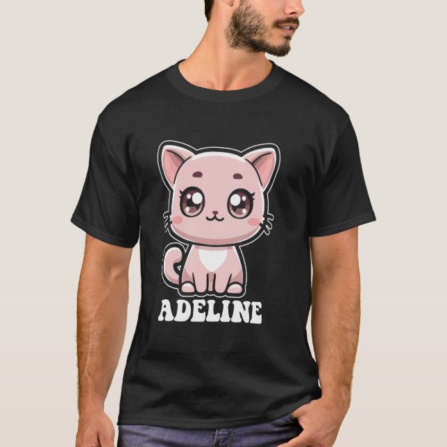 Camiseta Adeline Design de Gatinho Fofo para Meninas Nome A (Frente)