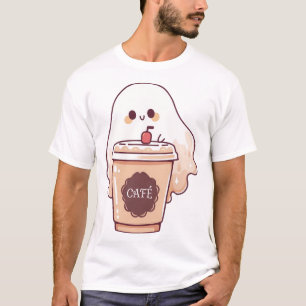 Camiseta Adesivo de Fantasma Feliz que Ama Café