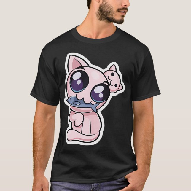 Camiseta Adesivo Mewgenics Stacy Comendo Peixe (Frente)