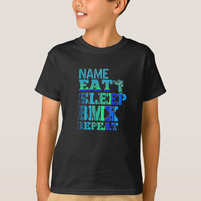 Camiseta Adicionar nome Eat Sleep BMX Repetir Rider de Bike (Frente)