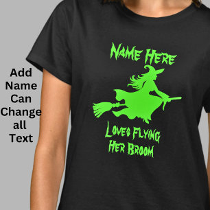 Camiseta Adicionar Nome Texto Bruxa Voando Broomstick Hallo