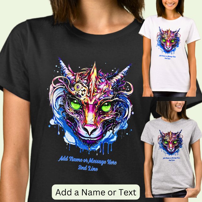 Camiseta Adicionar Texto de Nome, Azul Rosa Fantasia Dragão (Criador carregado)