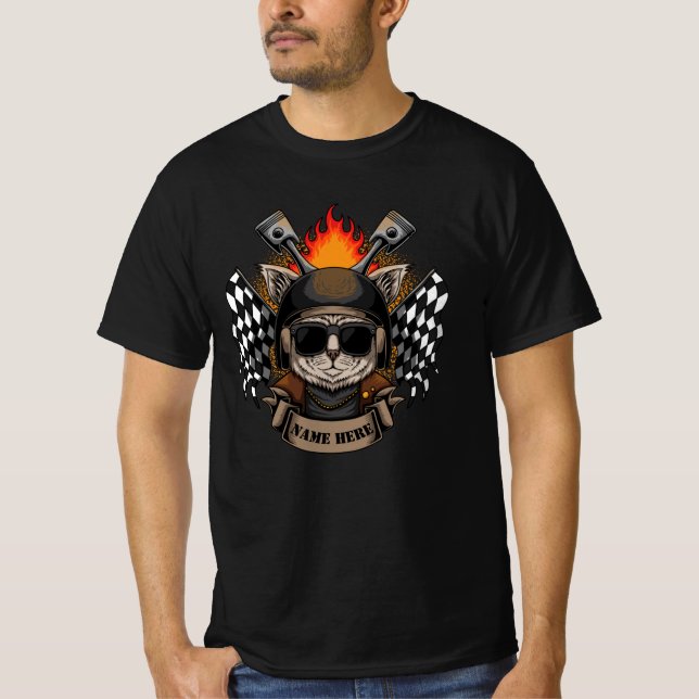 Camiseta Adicionar Texto de Nome Cat no Capacete de Motocic (Frente)