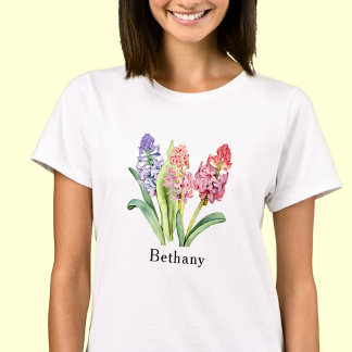 Camiseta Adicionar texto de nome, Flores de Hyacinth, Pinks